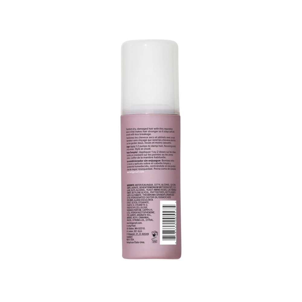 Flacon de Restore Repair Leave-In Living Proof sur fond clair, avec des cheveux brillants et bien démêlés en arrière-plan

