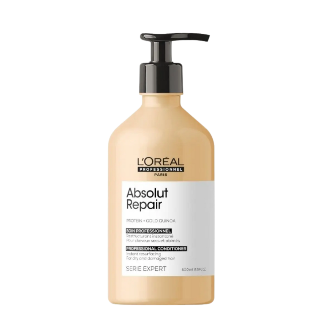 Flacon du Revitalisant Absolut Repair de L'Oréal Professionnel, soin capillaire pour cheveux très endommagés.