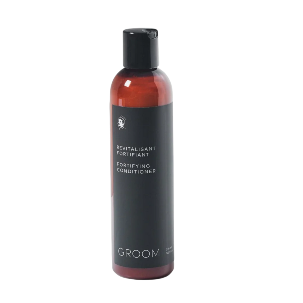 Flacon de 120 ml du Revitalisant Fortifiant Groom – soin capillaire naturel aux extraits de riz, chanvre et jojoba, parfum agrumes-herbes

