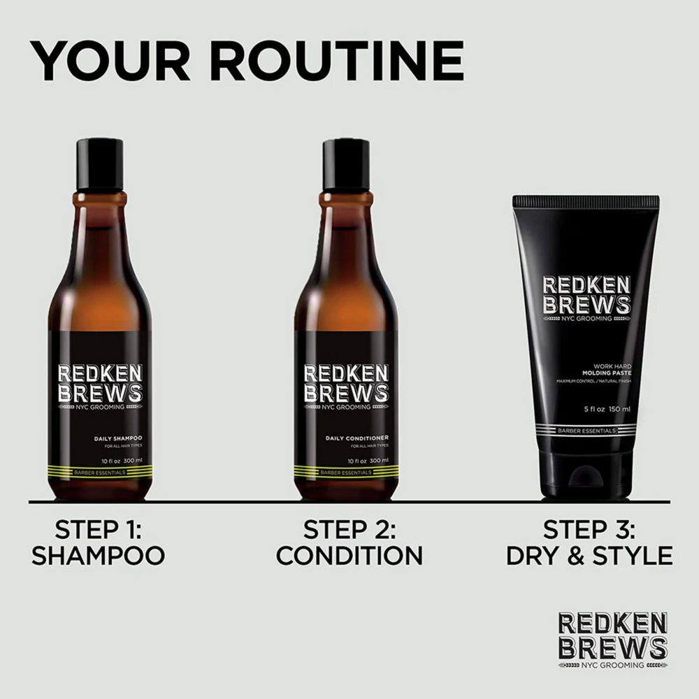 Flacon de revitalisant Redken Brews 300 ml, étiquette sobre noir et bleu, soin quotidien sans alourdir