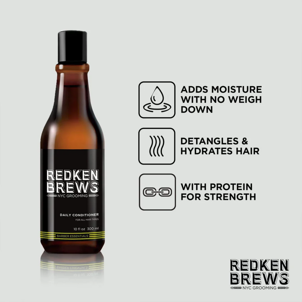 Flacon de revitalisant Redken Brews 300 ml, étiquette sobre noir et bleu, soin quotidien sans alourdir
