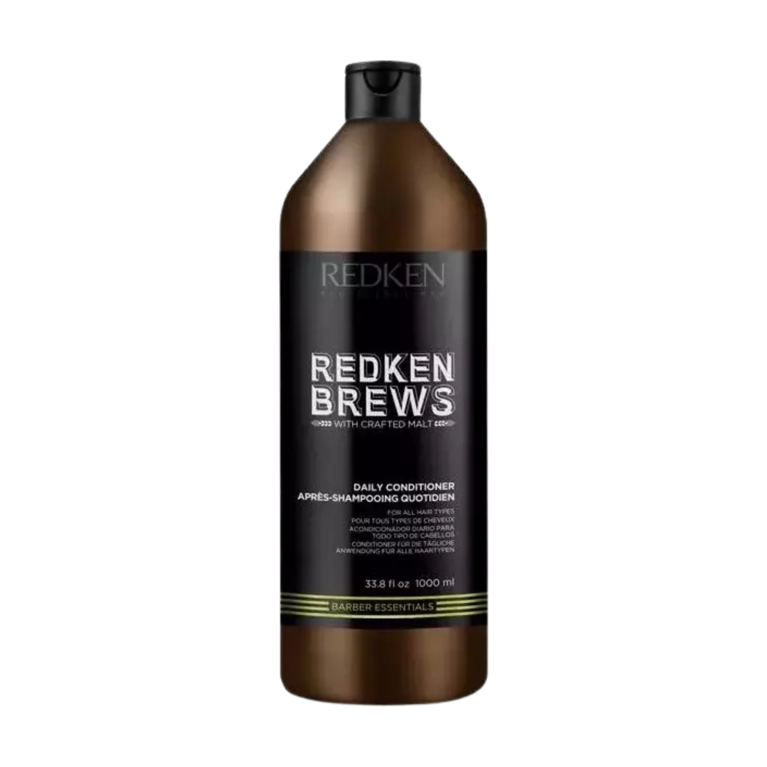 Flacon de revitalisant Redken Brews 300 ml, étiquette sobre noir et bleu, soin quotidien sans alourdir
