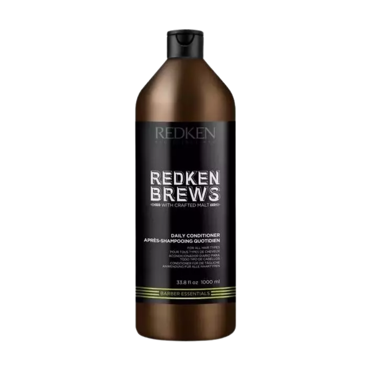 Flacon de revitalisant Redken Brews 300 ml, étiquette sobre noir et bleu, soin quotidien sans alourdir