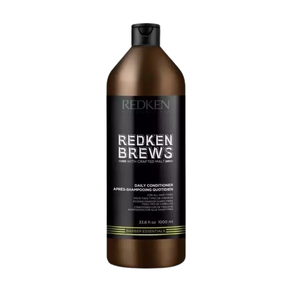Flacon de revitalisant Redken Brews 300 ml, étiquette sobre noir et bleu, soin quotidien sans alourdir