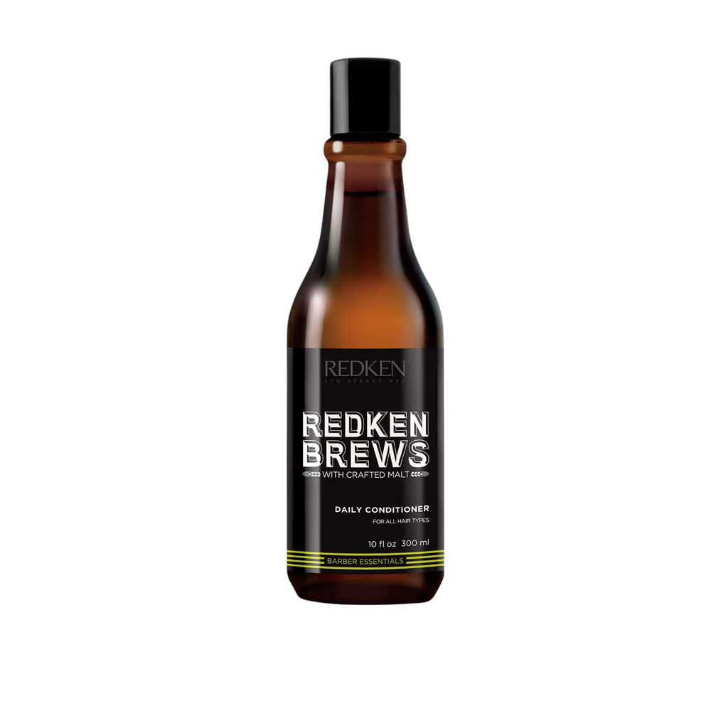 Flacon de revitalisant Redken Brews 300 ml, étiquette sobre noir et bleu, soin quotidien sans alourdir