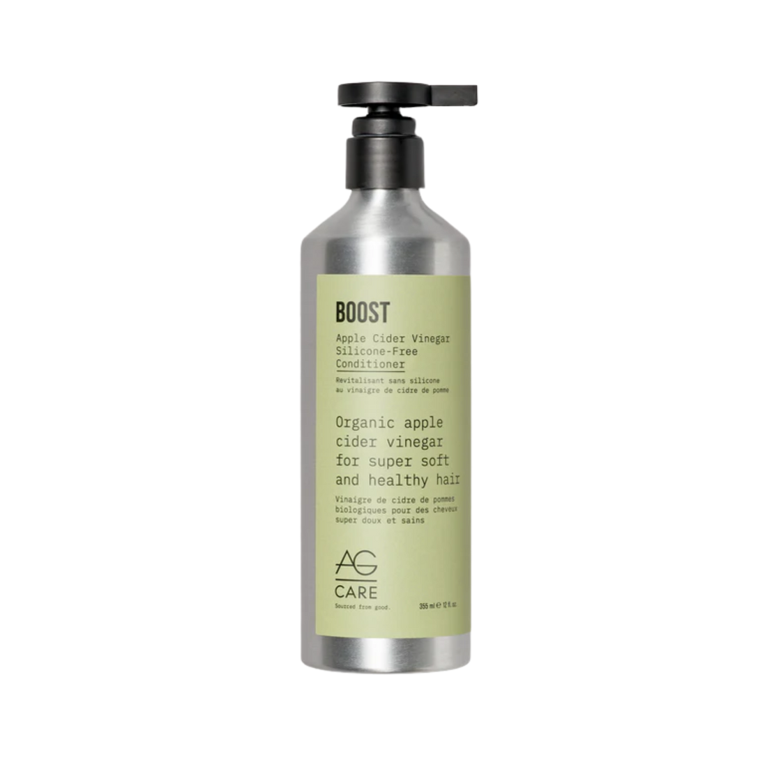 Photo du flacon du revitalisant AG BOOST Apple Cider Vinegar sans silicones 12 oz, packaging blanc et doré.