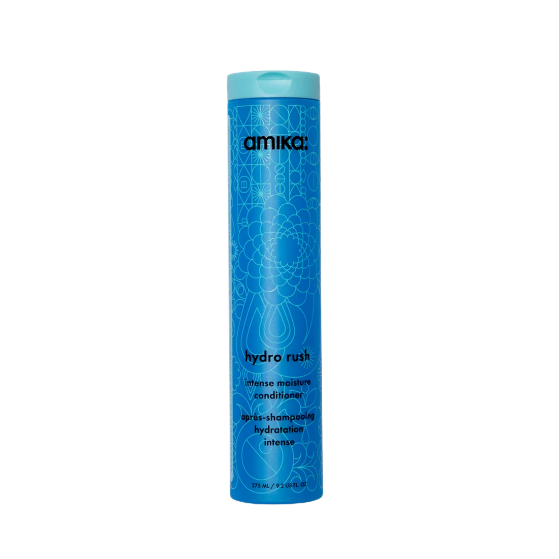 Flacon du revitalisant amika Hydro Rush pour hydratation et douceur des cheveux

