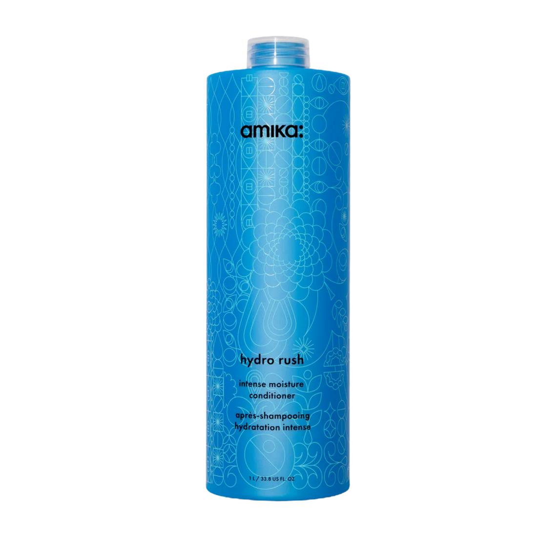 Flacon du revitalisant amika Hydro Rush pour hydratation et douceur des cheveux

