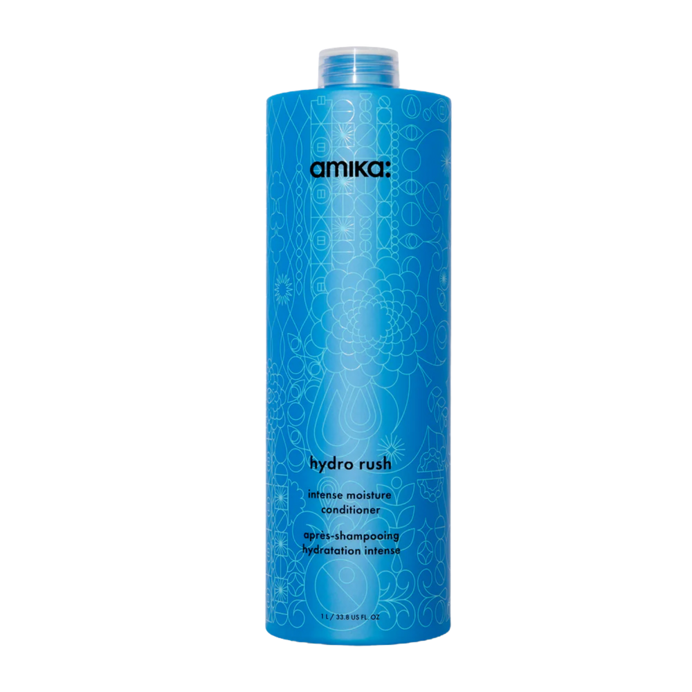 Flacon du revitalisant amika Hydro Rush pour hydratation et douceur des cheveux

