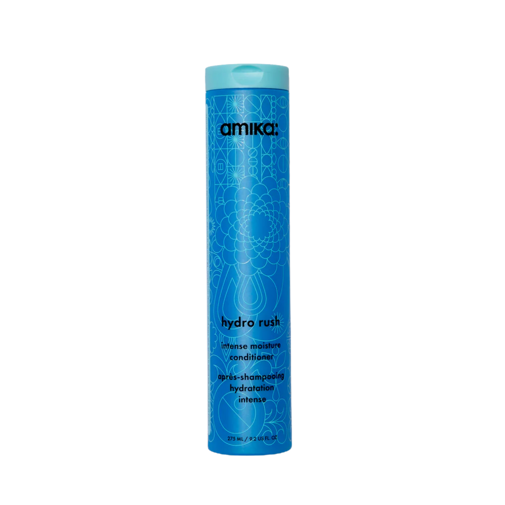 Flacon du revitalisant amika Hydro Rush pour hydratation et douceur des cheveux

