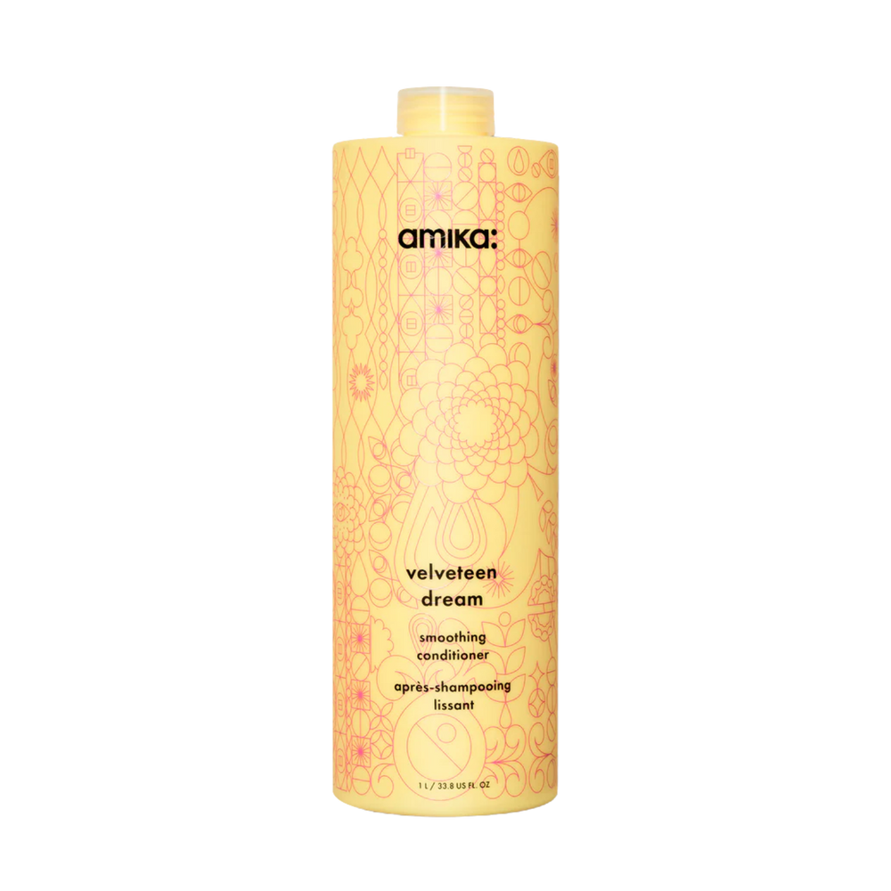 Flacon du revitalisant amika Velveteen Dream pour cheveux lisses et sans frisottis

