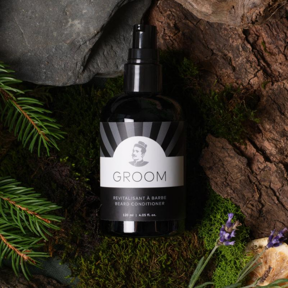 Flacon de 120 ml du Revitalisant à Barbe Groom – crème légère sans rinçage pour adoucir et discipliner la barbe, parfum sapin‑lavande

