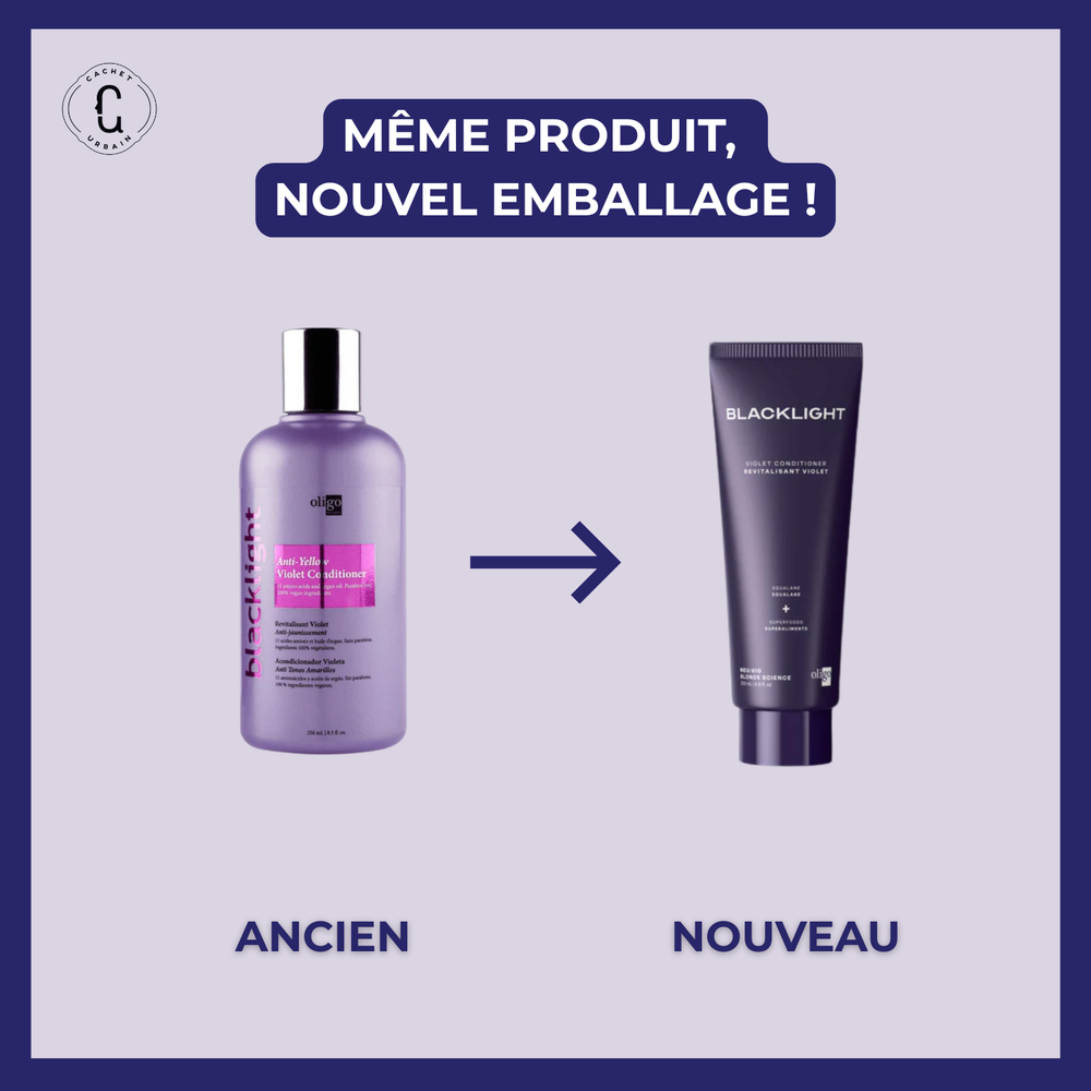 Revitalisant violet Blacklight Oligo anti-jaune cheveux blonds brillants sans reflets cuivrés
