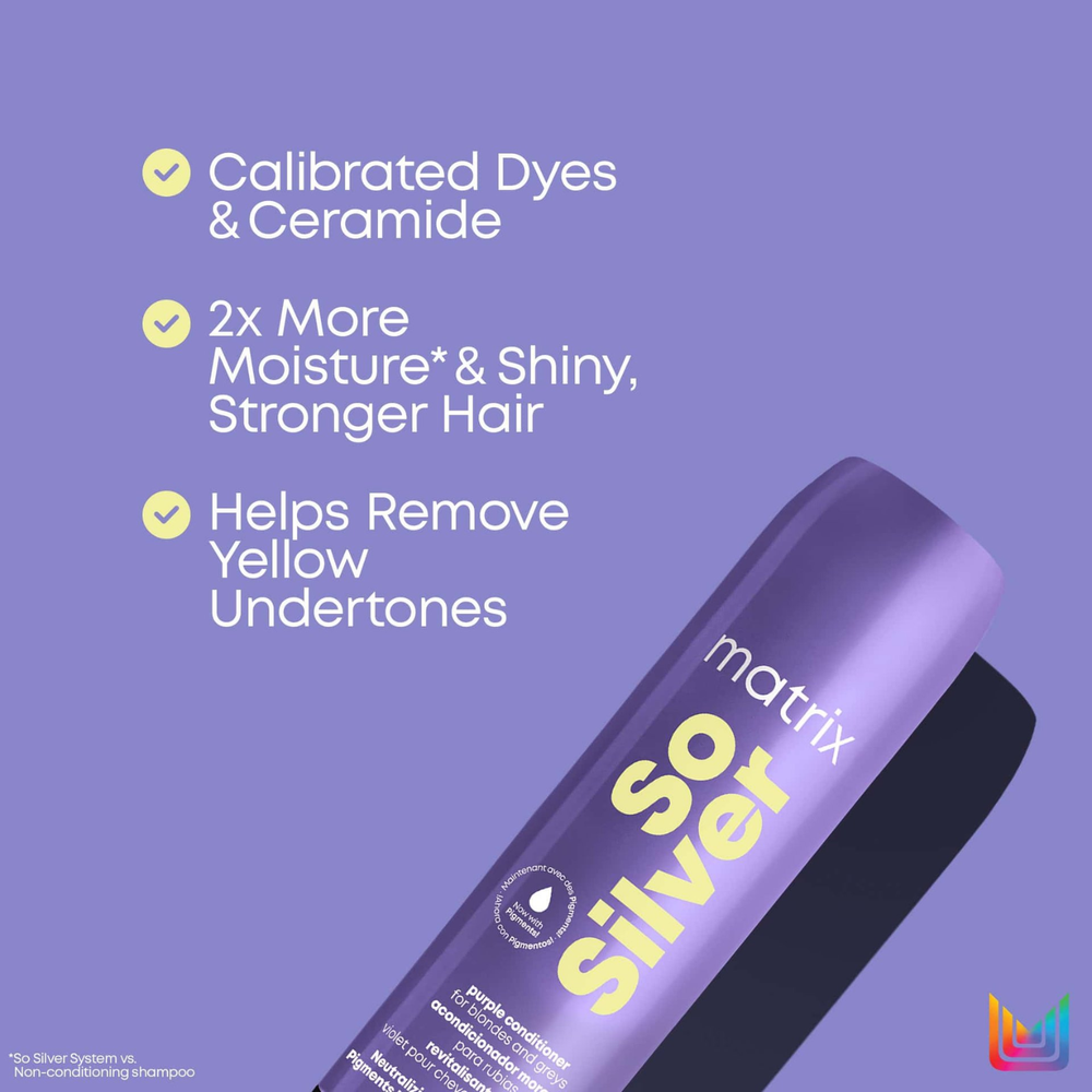 Revitalisant violet Matrix So Silver anti reflets jaunes cheveux blonds gris hydratation céramides