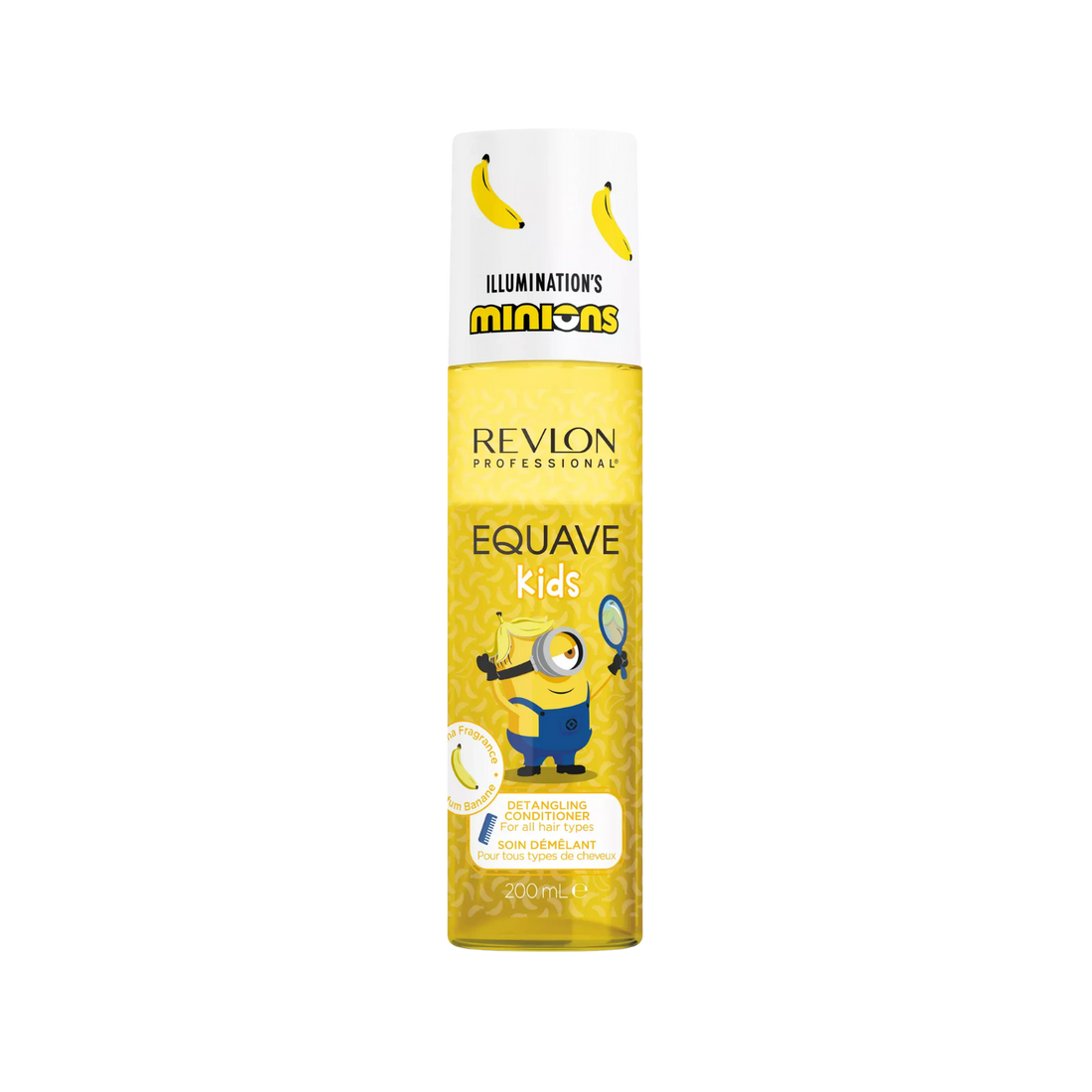 Spray démêlant Revlon Professional Equave Kids Minions 200ml pour enfants avec formule sans rinçage et parfum banane.
