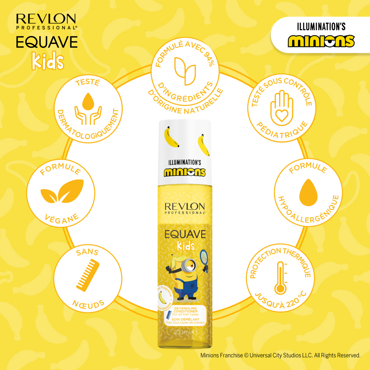 Spray démêlant Revlon Professional Equave Kids Minions 200ml pour enfants avec formule sans rinçage et parfum banane.
