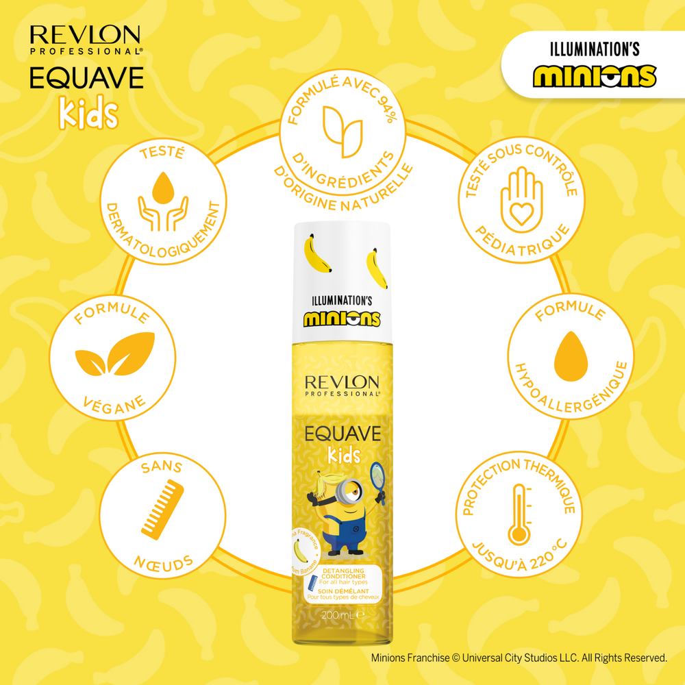 Spray démêlant Revlon Professional Equave Kids Minions 200ml pour enfants avec formule sans rinçage et parfum banane.
