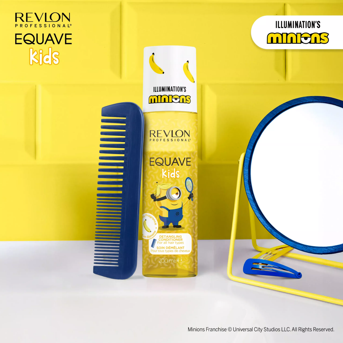Spray démêlant Revlon Professional Equave Kids Minions 200ml pour enfants avec formule sans rinçage et parfum banane.