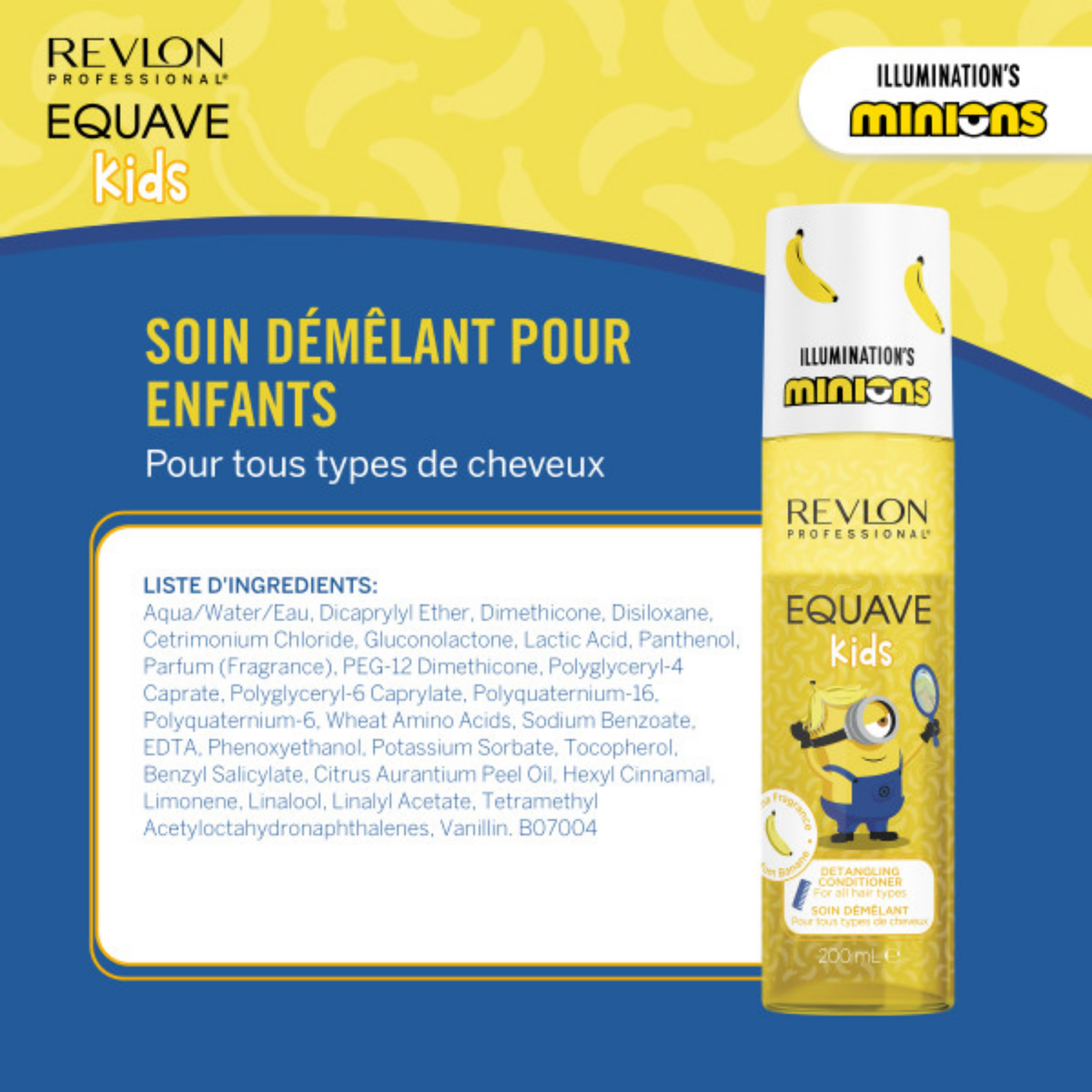 Spray démêlant Revlon Professional Equave Kids Minions 200ml pour enfants avec formule sans rinçage et parfum banane.