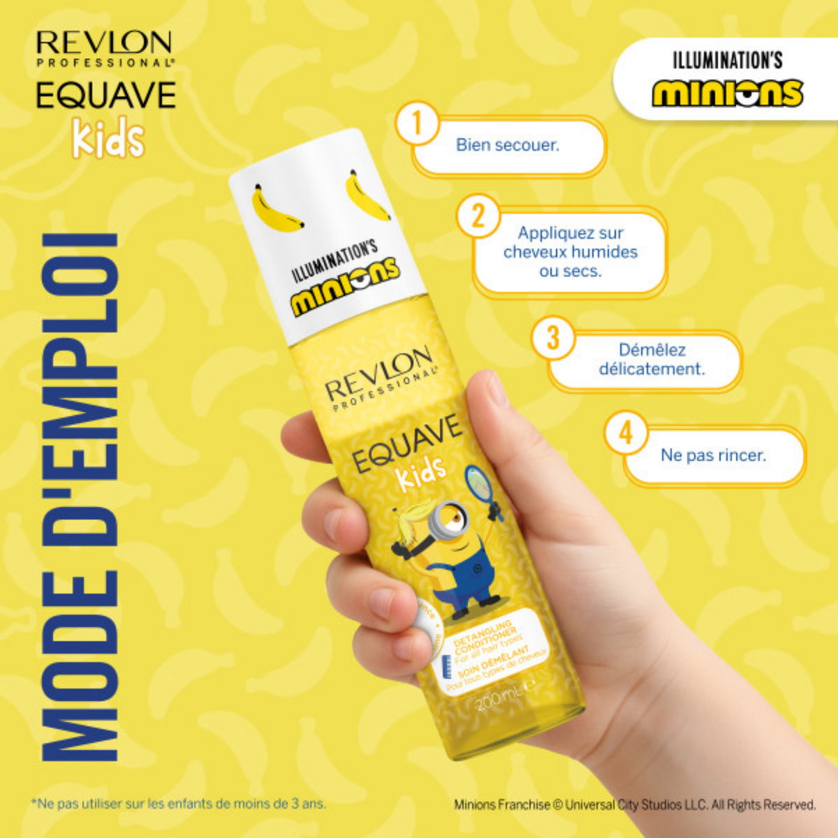 Spray démêlant Revlon Professional Equave Kids Minions 200ml pour enfants avec formule sans rinçage et parfum banane.