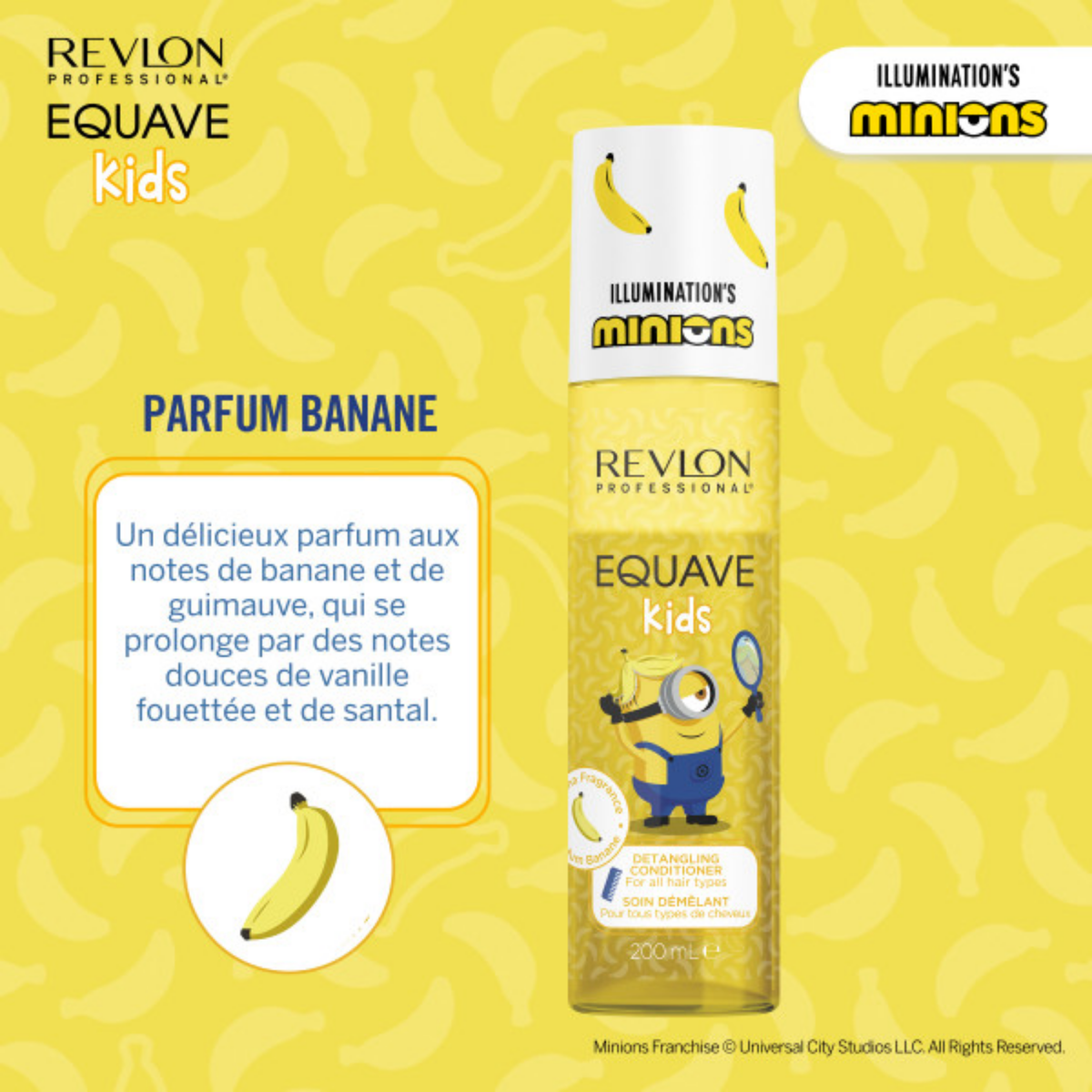 Spray démêlant Revlon Professional Equave Kids Minions 200ml pour enfants avec formule sans rinçage et parfum banane.