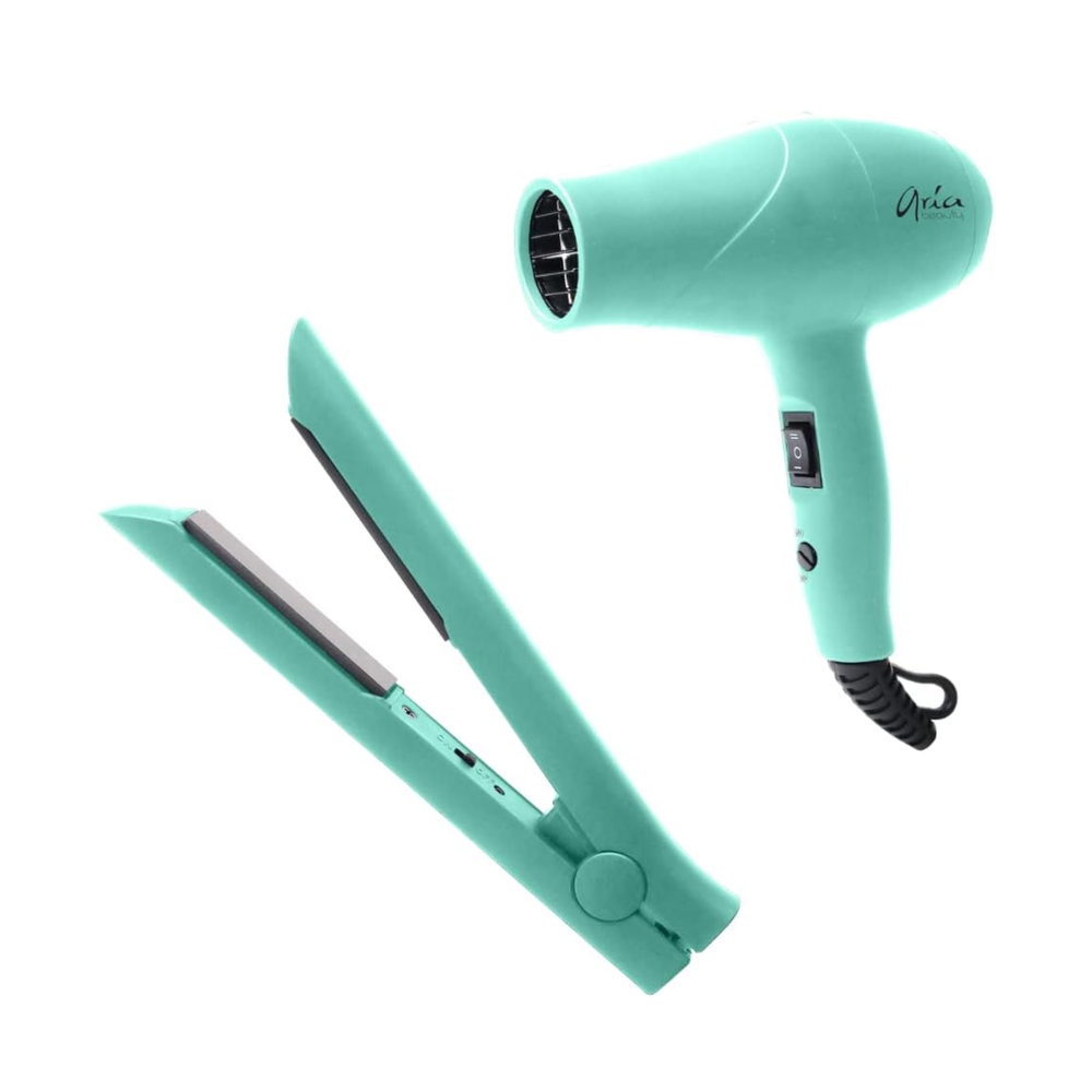 Sèche-cheveux couleur sarcelle avec embouts concentrateur et diffuseur – outil coiffure performant.