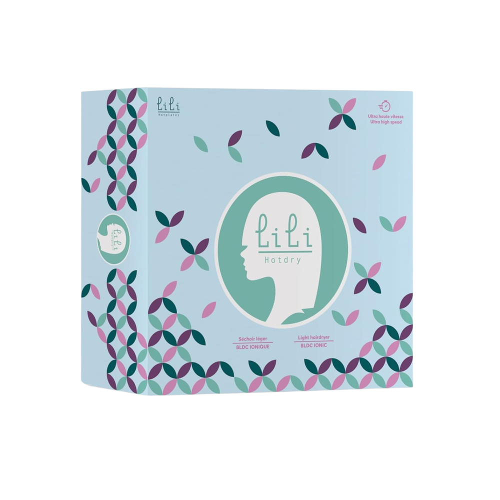 Sèche‑cheveux compact ionique LILI HOTPLATES noir‑argent, design voyage avec embouts concentrateurs