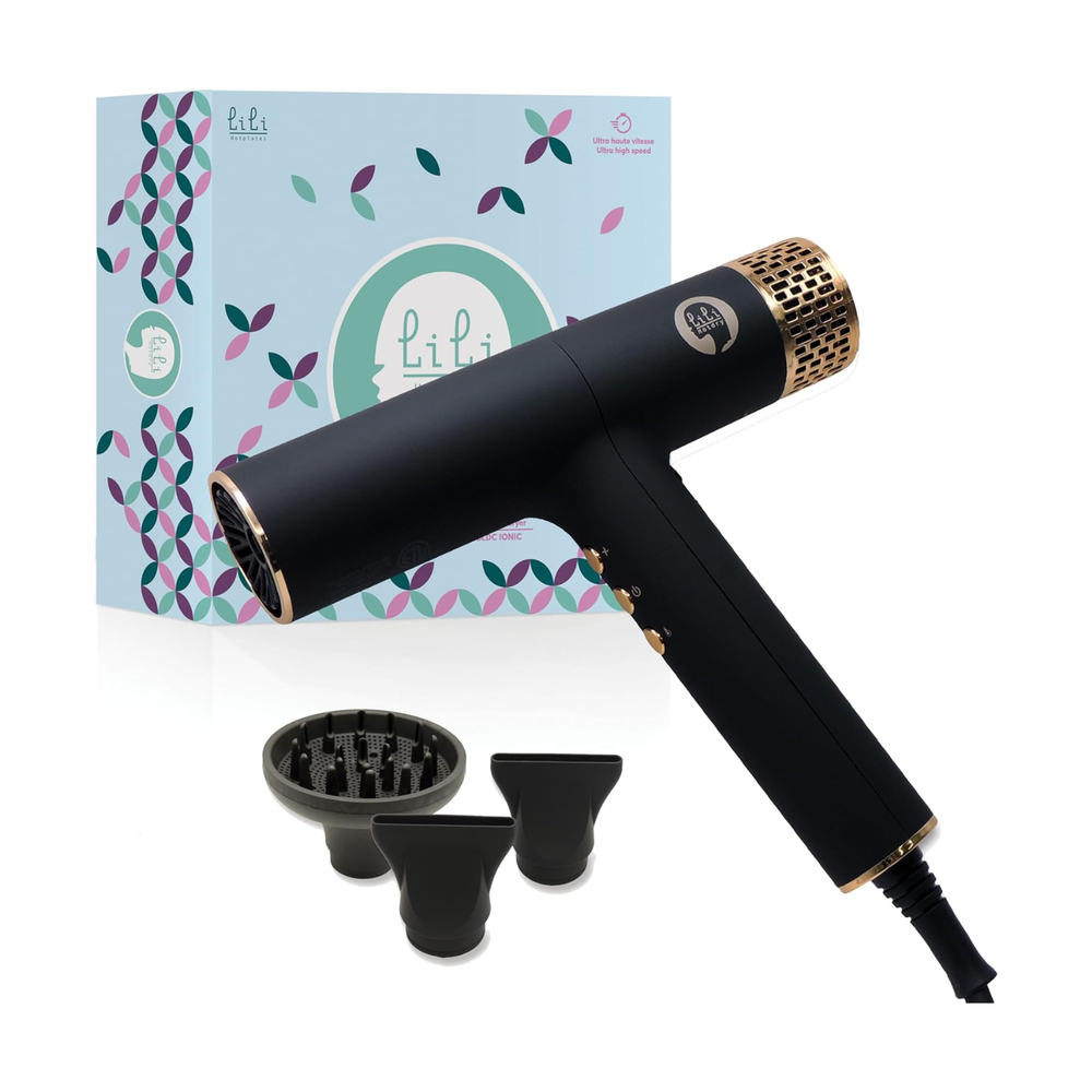 Sèche‑cheveux compact ionique LILI HOTPLATES noir‑argent, design voyage avec embouts concentrateurs