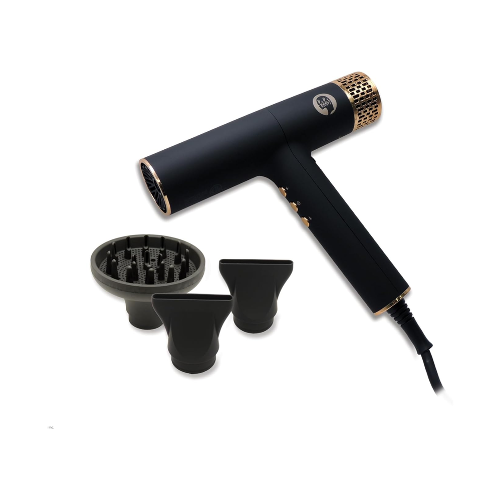 Sèche‑cheveux compact ionique LILI HOTPLATES noir‑argent, design voyage avec embouts concentrateurs