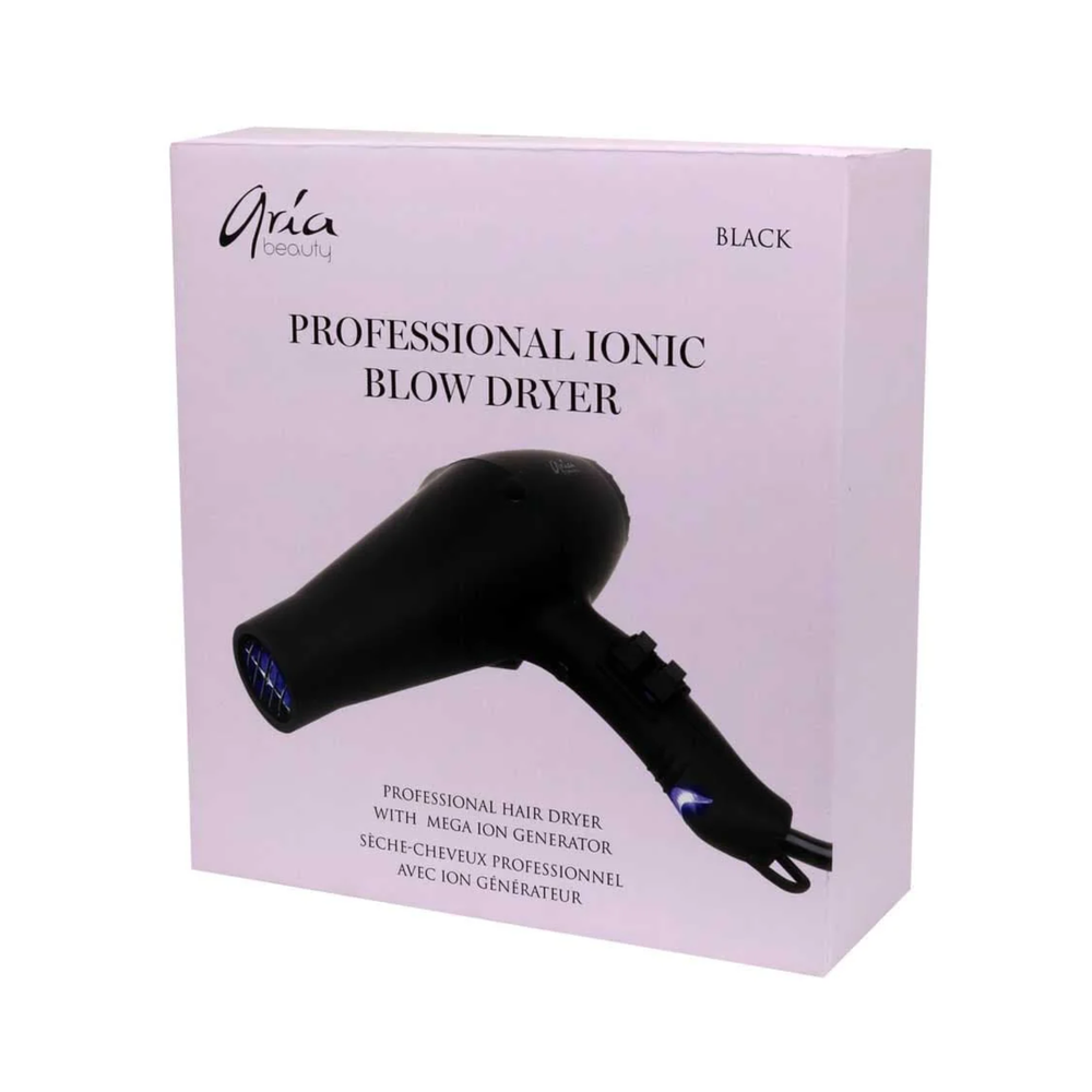 Sèche‑cheveux ionique professionnel Aria Beauty noir – moteur 1875 W, technologie « Mega Ion »