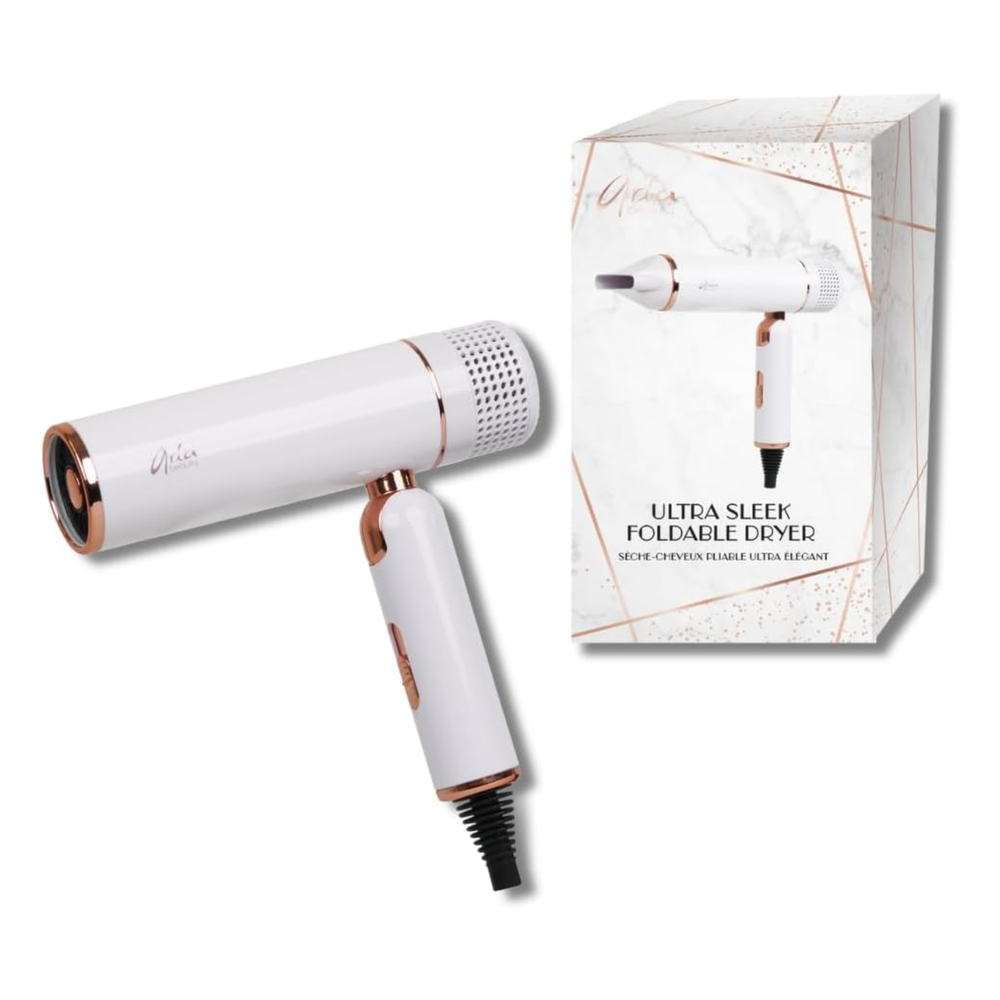 Sèche‑cheveux pliable Aria Beauty Ultra Sleek noir et or – poignée rabattable pour voyage