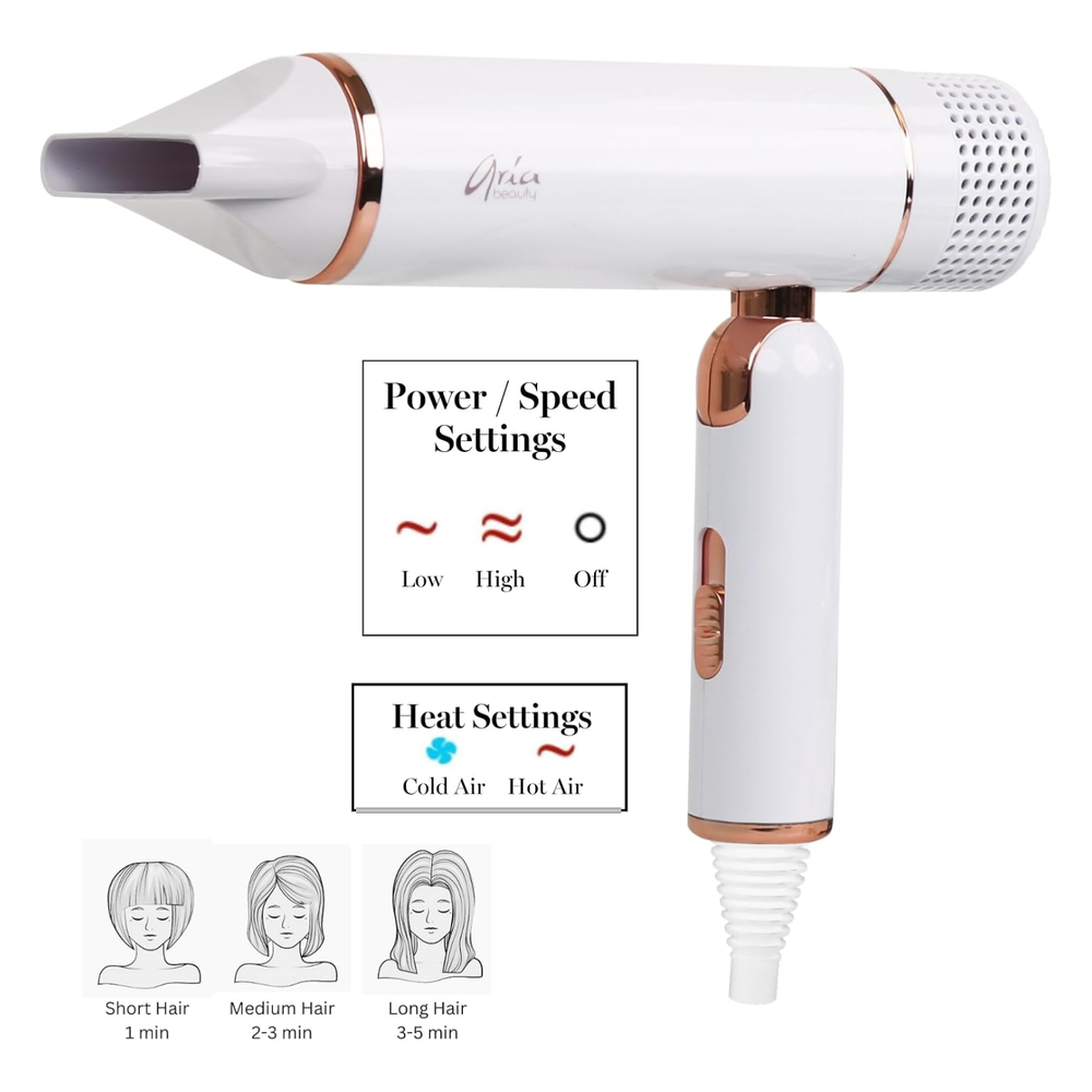 Sèche‑cheveux pliable Aria Beauty Ultra Sleek noir et or – poignée rabattable pour voyage