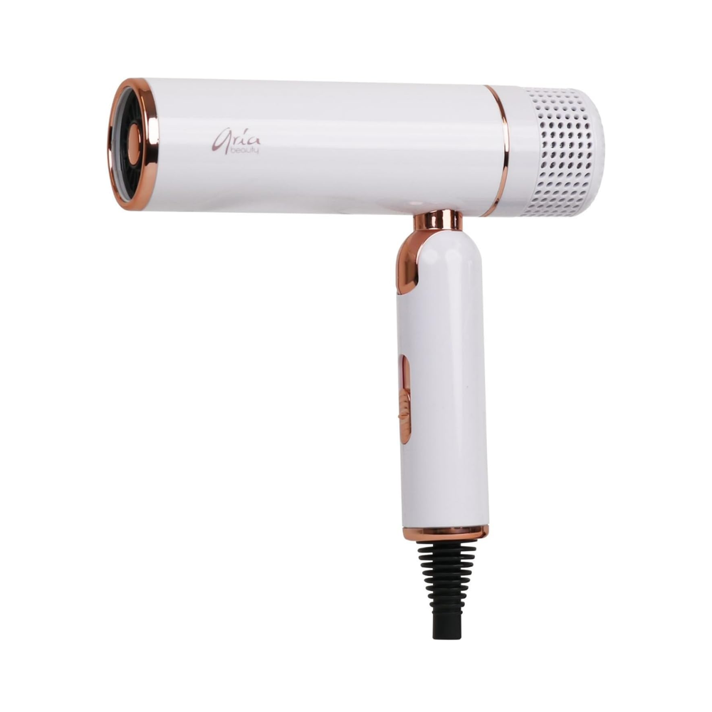 Sèche‑cheveux pliable Aria Beauty Ultra Sleek noir et or – poignée rabattable pour voyage