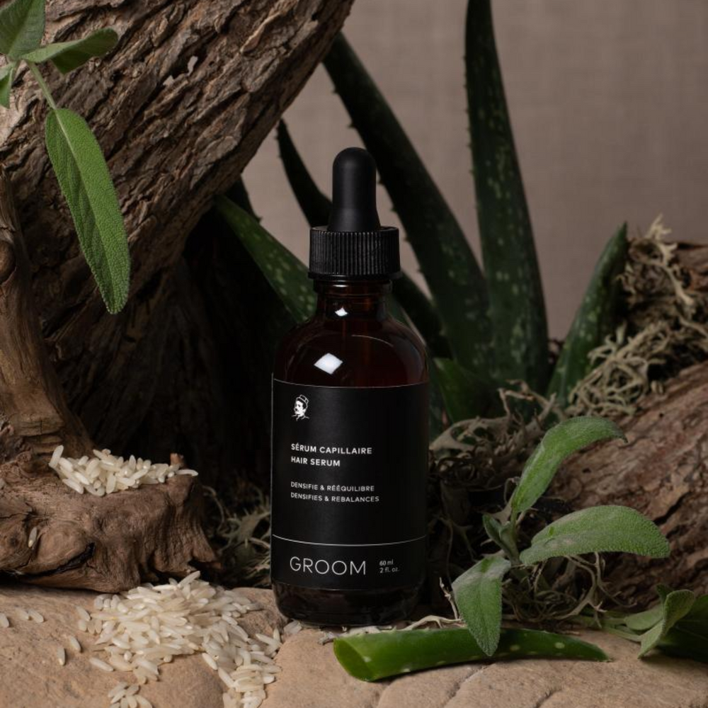 Flacon 60 ml de Sérum Capillaire Groom – soin densifiant naturel avec arômes de romarin et sauge, conçu au Canada

