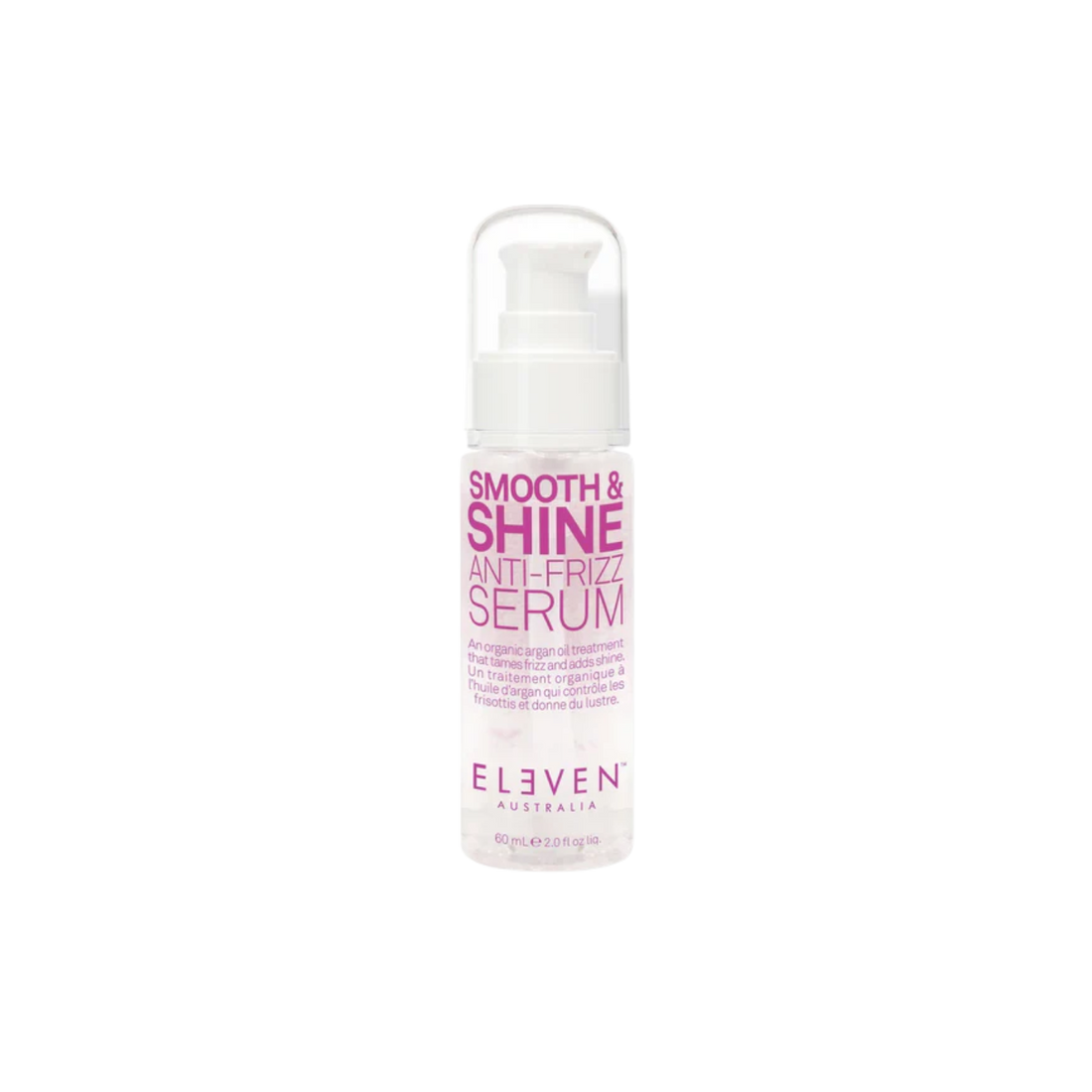 Flacon du sérum Smooth & Shine Anti-Frizz d’ELEVEN Australia, texture légère, application sur cheveux secs