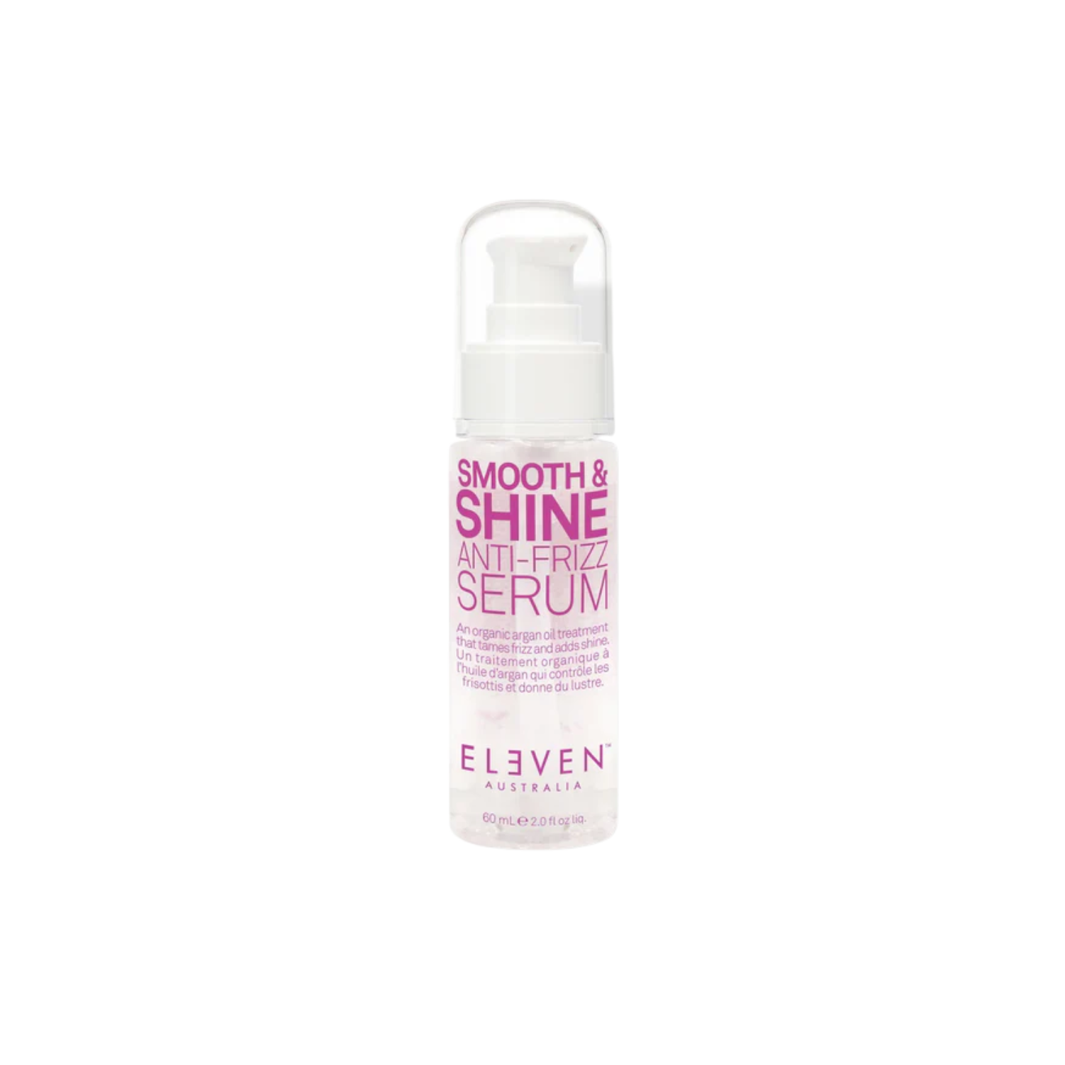 Flacon du sérum Smooth & Shine Anti-Frizz d’ELEVEN Australia, texture légère, application sur cheveux secs