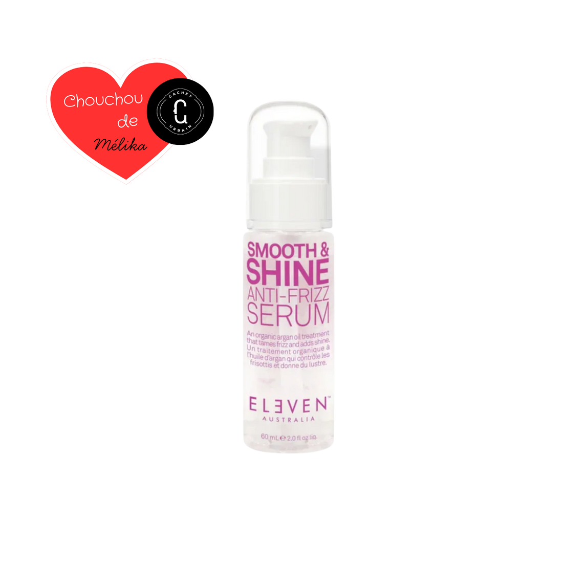 Flacon du sérum Smooth & Shine Anti-Frizz d’ELEVEN Australia, texture légère, application sur cheveux secs