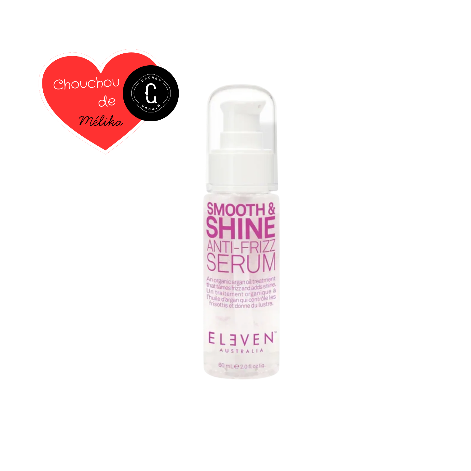 Flacon du sérum Smooth & Shine Anti-Frizz d’ELEVEN Australia, texture légère, application sur cheveux secs