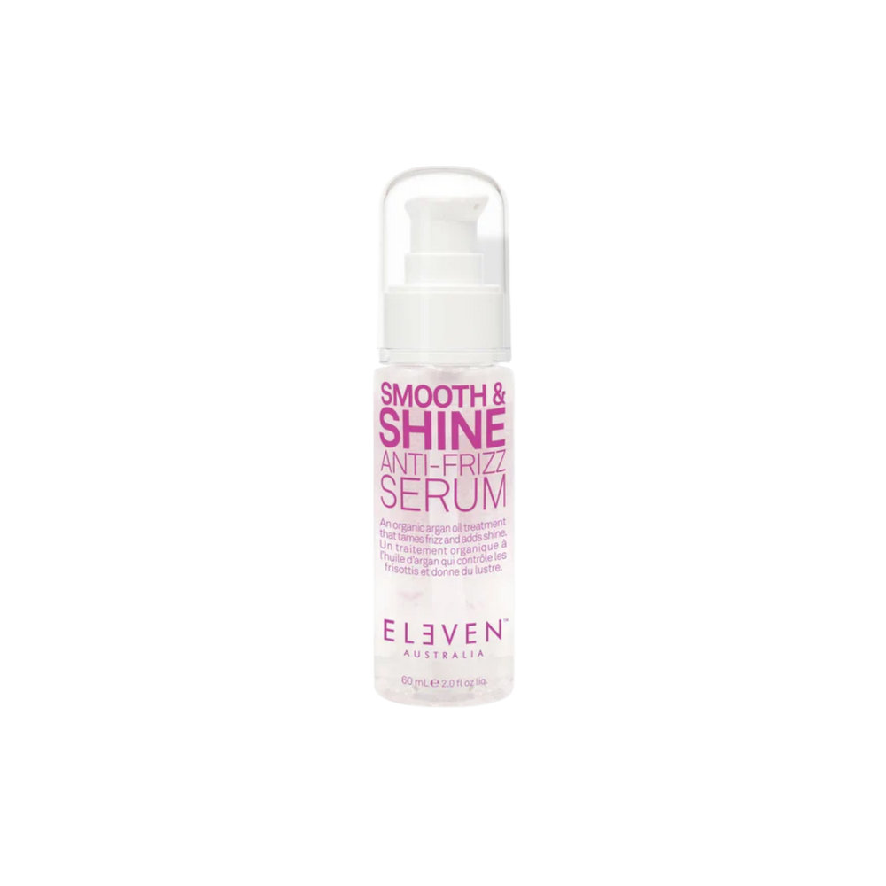Flacon du sérum Smooth & Shine Anti-Frizz d’ELEVEN Australia, texture légère, application sur cheveux secs