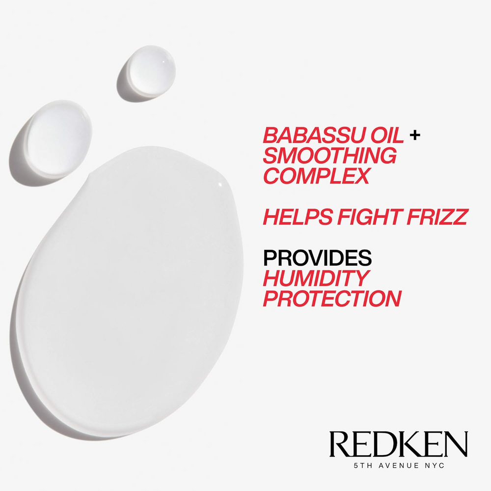Flacon du sérum huile Redken Frizz Dismiss Instant Deflate, soin anti‑frisottis leave‑in enrichi en huile de babassu, pour cheveux lisses et brillants.