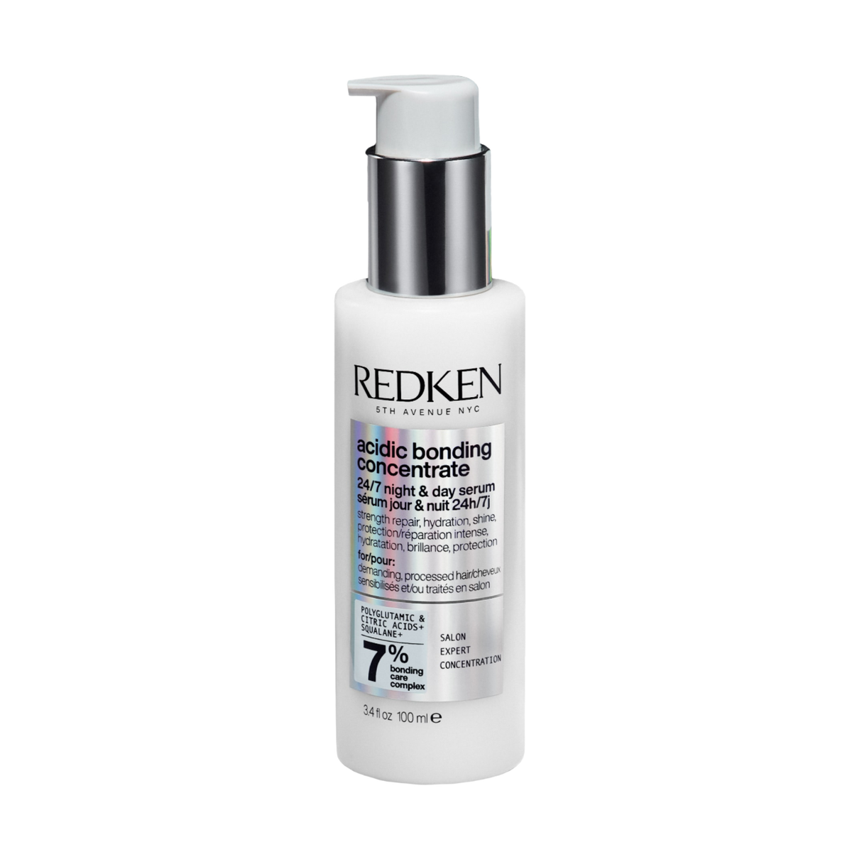 Flacon du sérum jour et nuit Redken Acidic Bonding Concentrate posé sur fond neutre.