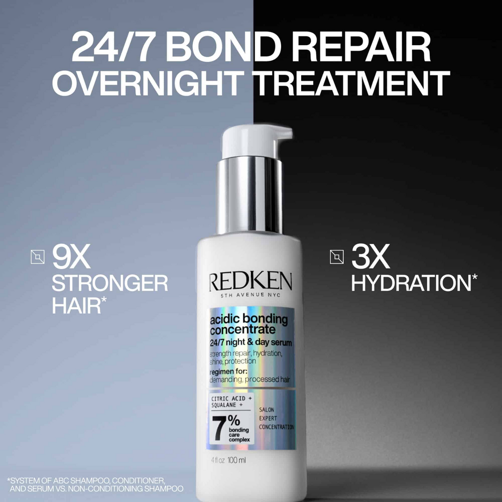 Flacon du sérum jour et nuit Redken Acidic Bonding Concentrate posé sur fond neutre.