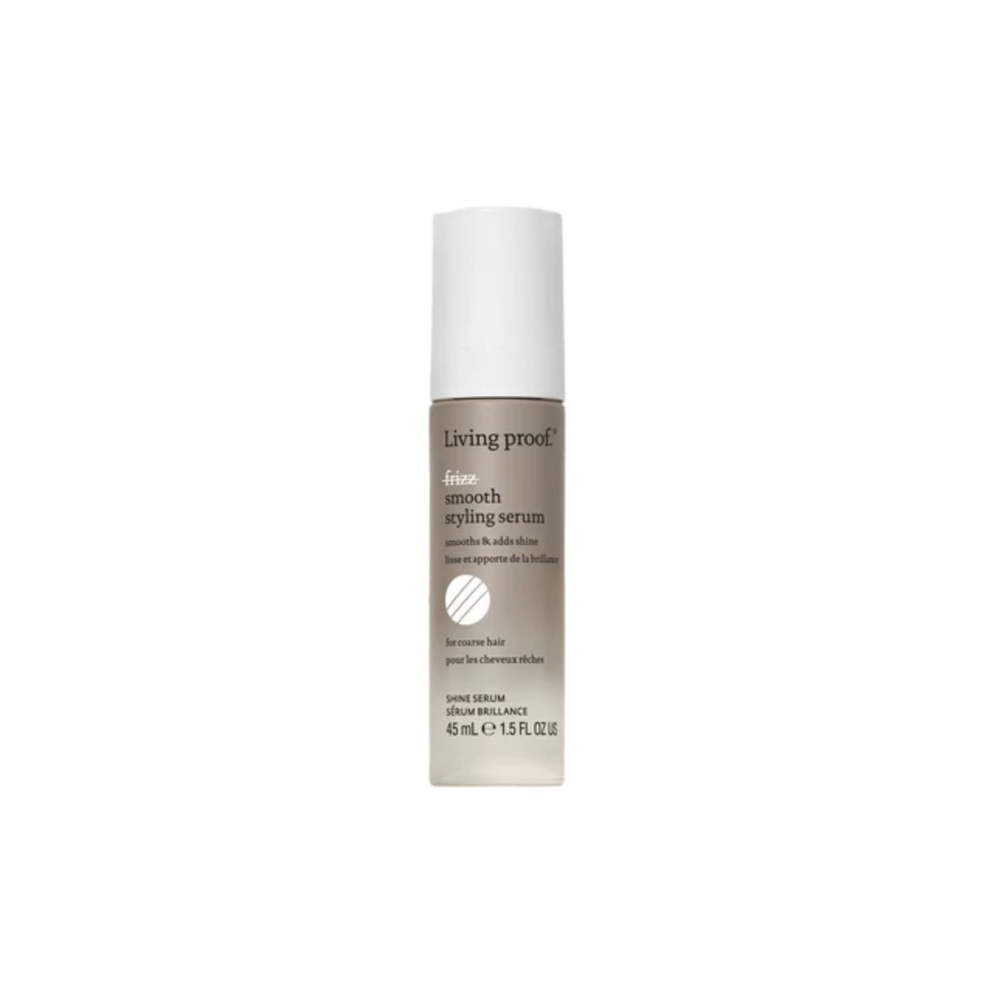 Petite bouteille claire du sérum No Frizz Smooth Styling Serum, design épuré clair, suggérant lissage, brillance et contrôle des frisottis.

