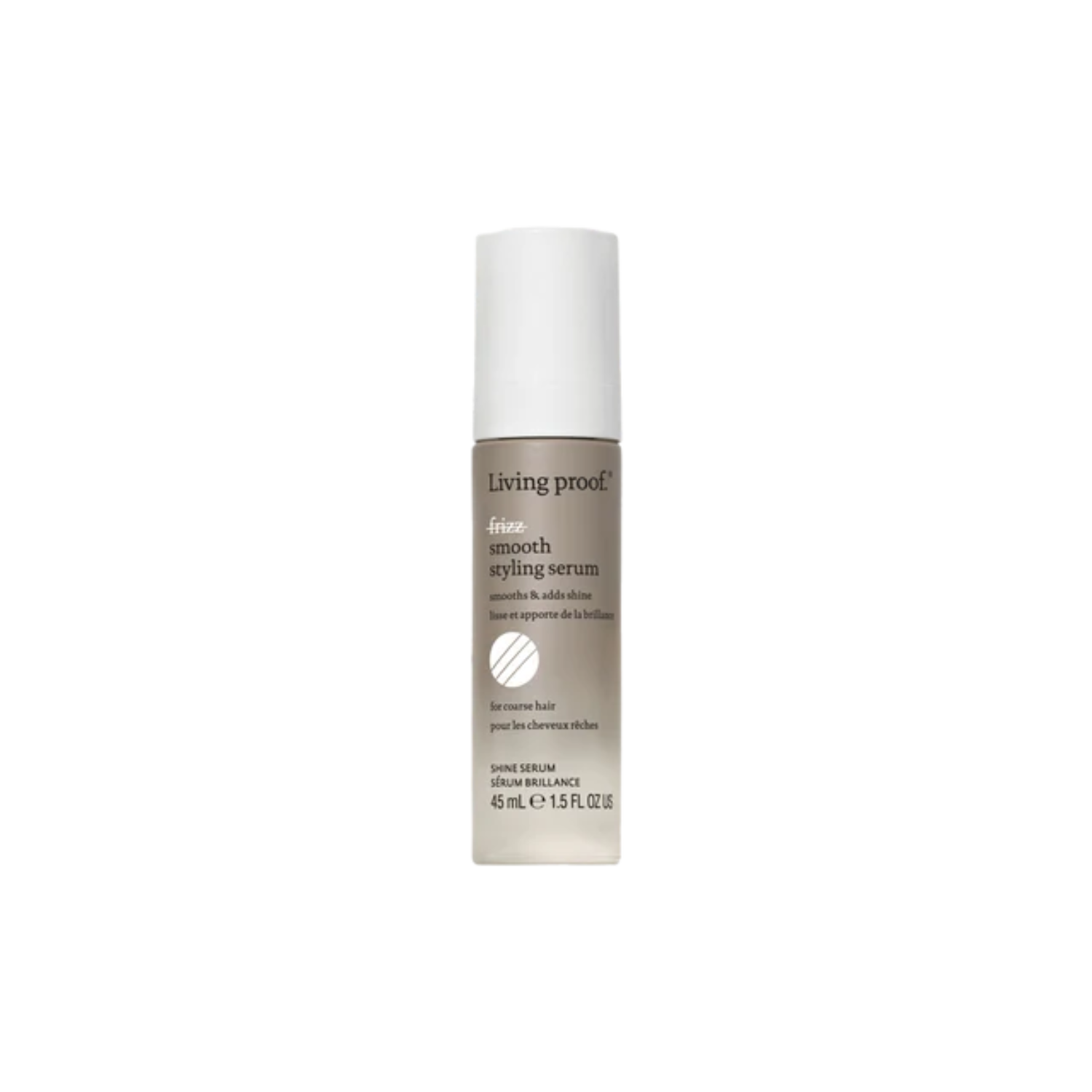 Petite bouteille claire du sérum No Frizz Smooth Styling Serum, design épuré clair, suggérant lissage, brillance et contrôle des frisottis.

