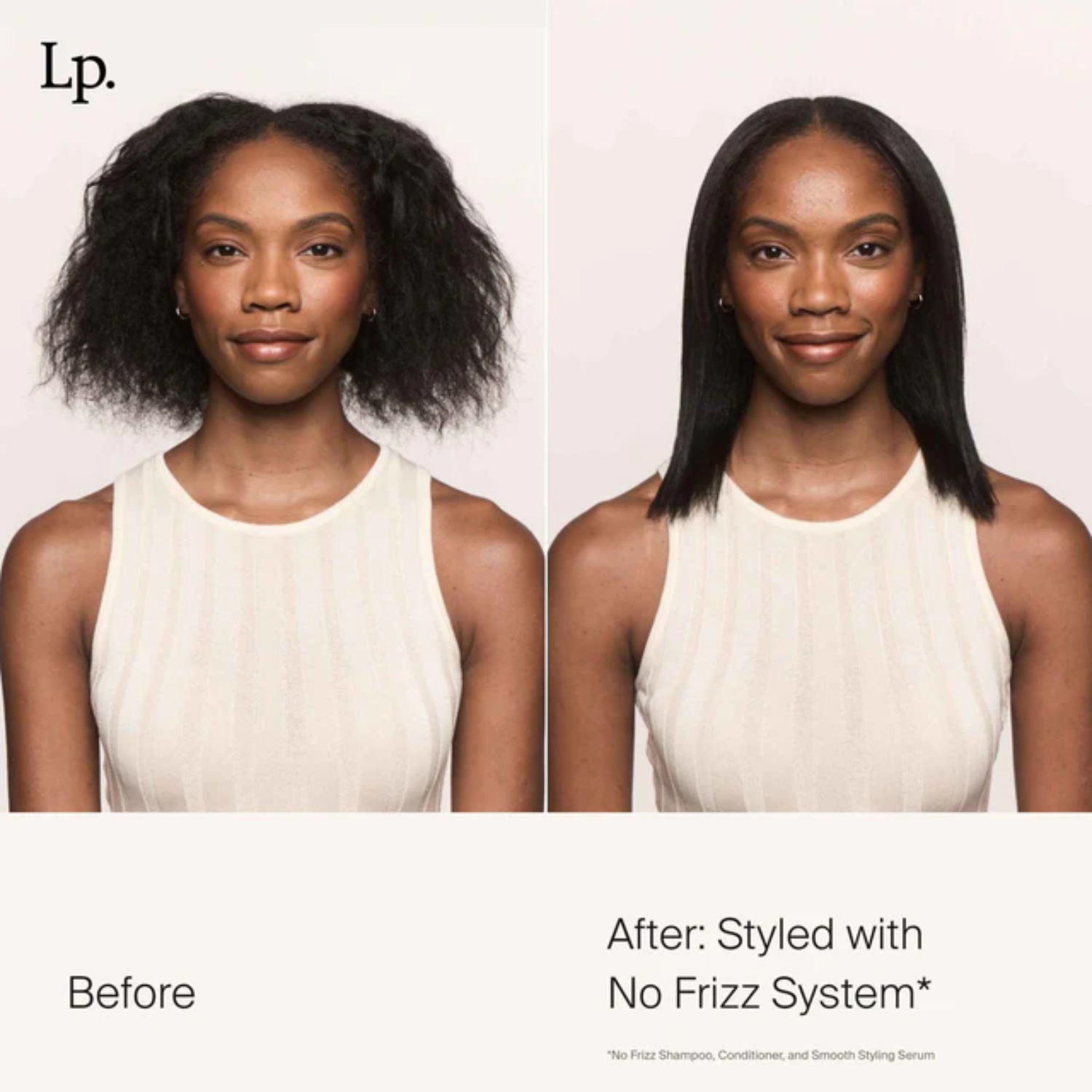 Petite bouteille claire du sérum No Frizz Smooth Styling Serum, design épuré clair, suggérant lissage, brillance et contrôle des frisottis.


