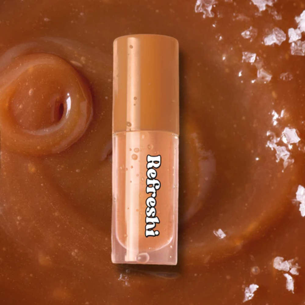 Tube 5 ml Salted Caramel Lip Oil Refreshi, texture brillante non collante, parfum caramel salé, bulles anti‑débordement, soin vegan

