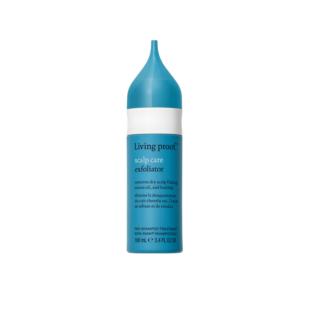 Flacon bleu Living Proof Scalp Care Exfoliator, traitement pre‑shampooing ciblé pour cuir chevelu en meilleure santé – 100 ml

