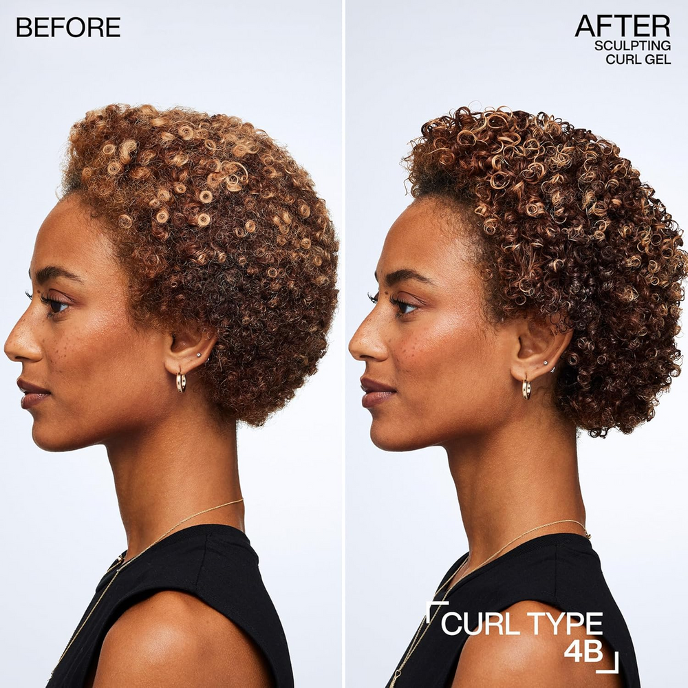 Tube ou pot du gel Sculpting Curl Gel Redken sur fond neutre.