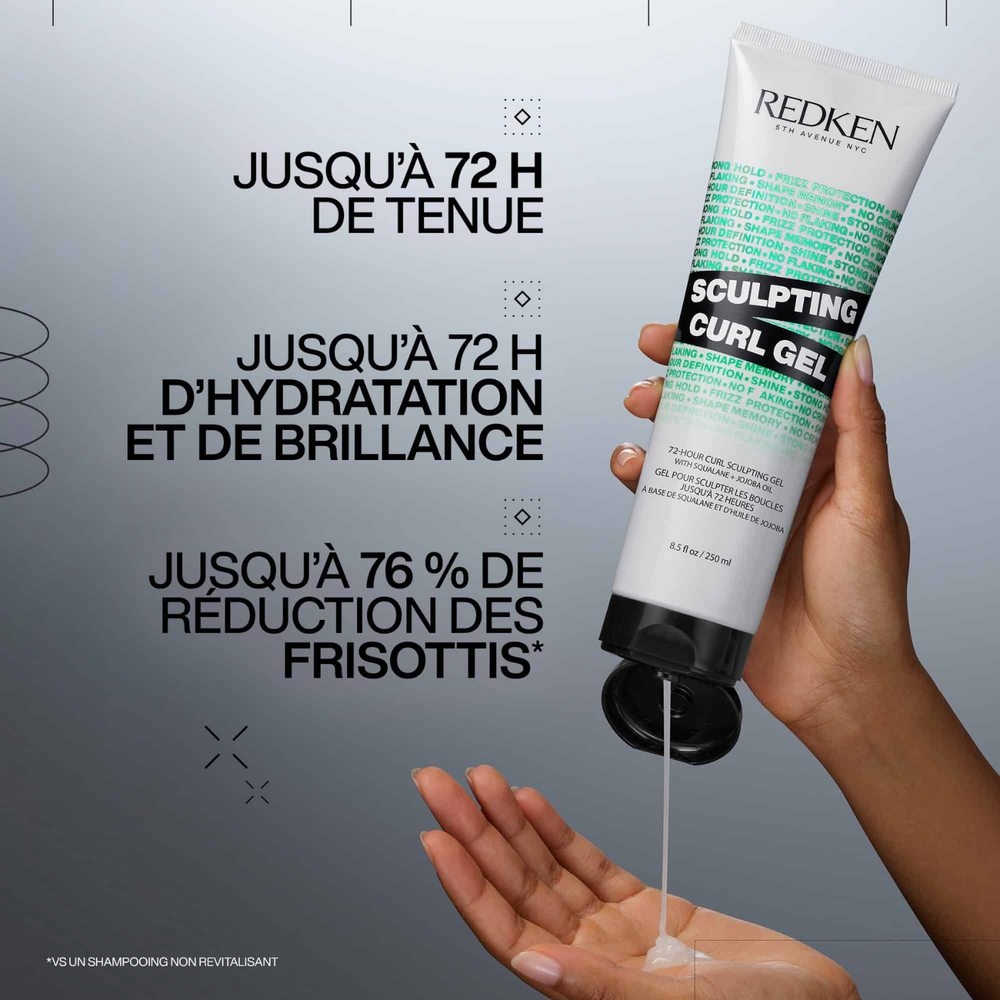 Tube ou pot du gel Sculpting Curl Gel Redken sur fond neutre.