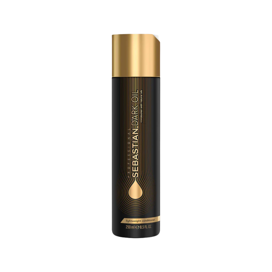 Flacon de 250 ml de Sebastian Dark Oil Lightweight Conditioner, infusé d’huiles légères pour cheveux doux et brillants.